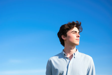 a handsome young man standing against a blue sky with copyspaceの素材