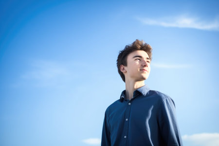 a handsome young man standing against a blue sky with copyspaceの素材