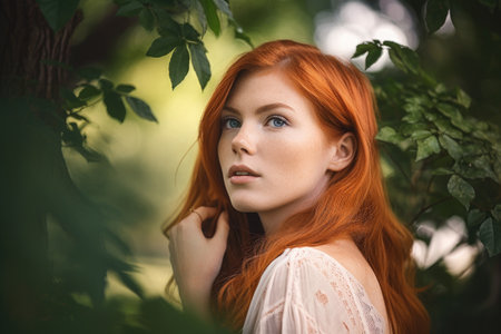 a beautiful young woman standing in front of a tree outsideの素材