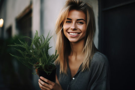 an attractive young woman standing outside holding a plant while smilingの素材
