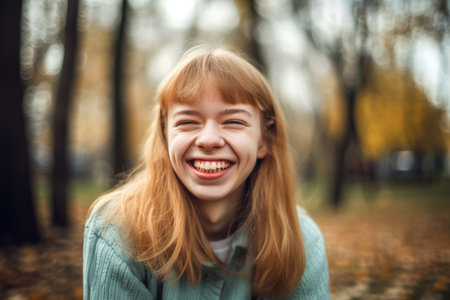 a happy young disabled woman smiling for the camera outdoorsの素材
