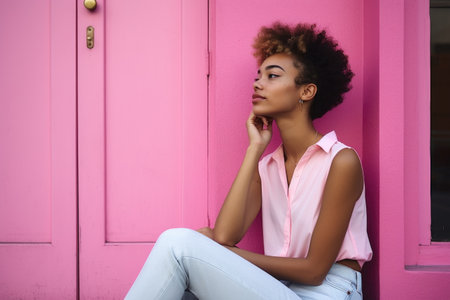 shot of a young woman sitting outside against a pink backgroundの素材