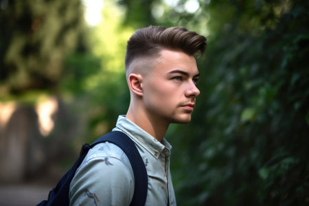 a handsome young man looking over his shoulder while standing in front of an outdoor backgroundの素材