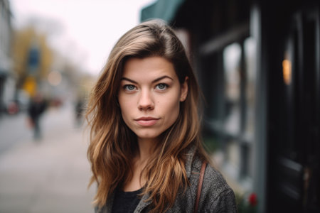 portrait of a young woman standing outside on the sidewalkの素材