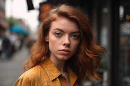portrait of a young woman standing outside on the sidewalkの素材
