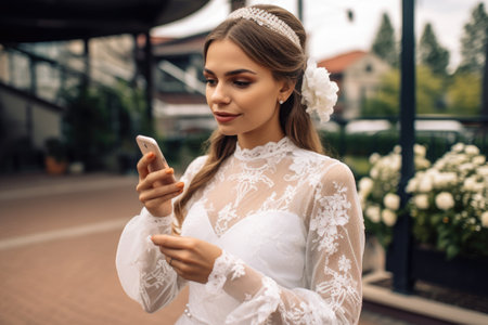 shot of a young woman using a cellphone outdoors on her wedding dayの素材