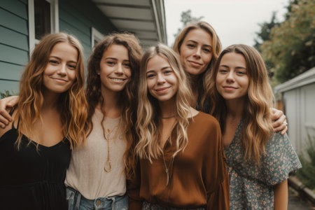 a group of friends posing together outsideの素材