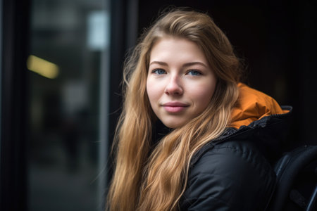 a young woman using a wheelchair looking at the cameraの素材