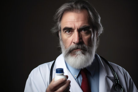 portrait of a mature doctor holding up a bottle of pillsの素材