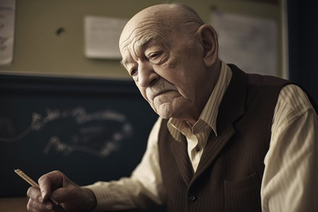 shot of an older man sitting in a classroom and writing on a chalkboardの素材
