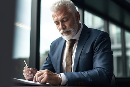 shot of a mature businessman writing on a digital tablet in an office at workの素材