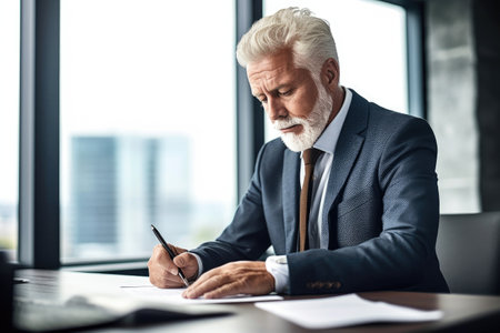 shot of a mature businessman writing on a digital tablet in an office at workの素材