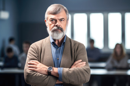 shot of a male professor standing with his arms folded in the classroomの素材