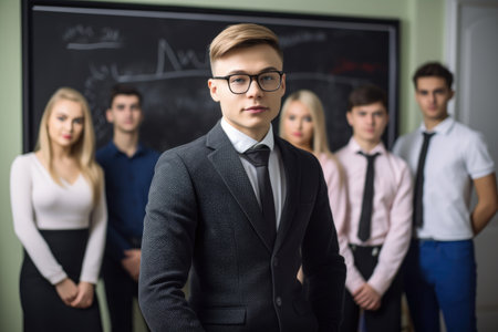 shot of a young professor standing in front of a chalkboard with his students behind herの素材