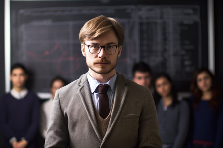 shot of a young professor standing in front of a chalkboard with his students behind herの素材
