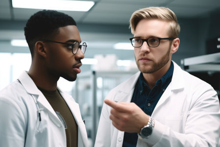 shot of a young mature scientist explaining something to his colleague in the labの素材