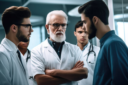 shot of a mature male doctor explaining something to his studentsの素材