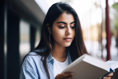 shot of an attractive female university student reading her textbookの素材