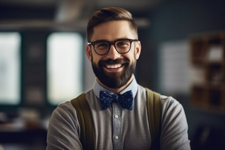 shot of a happy young male professor standing in his classroomの素材