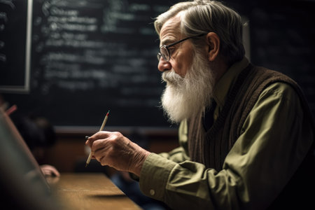 shot of a mature university professor writing notes on a blackboard in classの素材