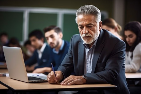 shot of a mature businessman working on his laptop with students in classの素材