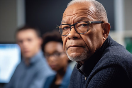 serious african american college professor with glasses looking back at students in classの素材