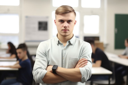 portrait of a young man standing with his arms folded in a classroom at universityの素材