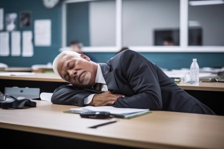 shot of a mature businessman sleeping at his desk in a classroomの素材