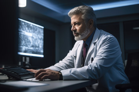 shot of a mature doctor using a computer in his officeの素材
