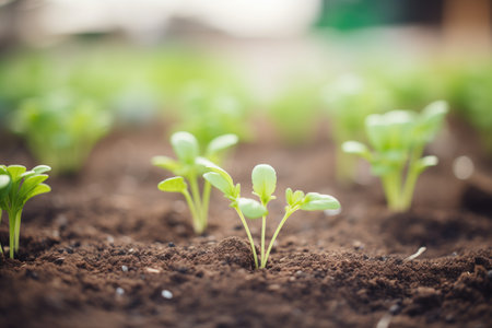 freshly planted vegetable seedlings in soilの素材
