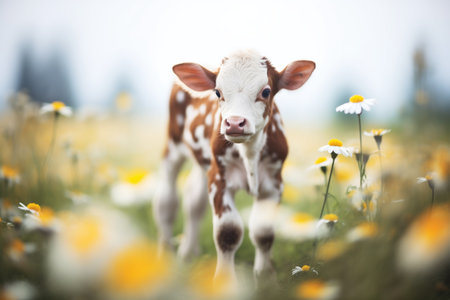 newborn calf standing in a field of daisiesの素材