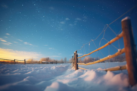 snowy fence line leading to a starry expanseの素材