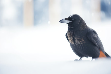 black crow contrasting with a white snowy backdropの素材