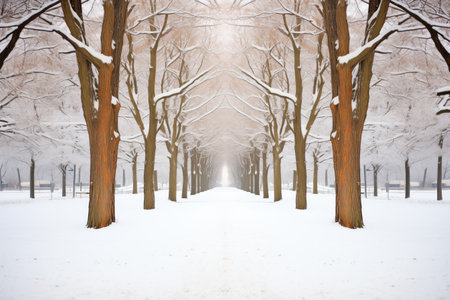 a symmetrical shot of trees framing a snow-clad pathの素材