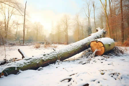 a snow-covered fallen log across a silent woodland pathの素材