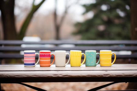 colorful mugs of hot beverage on benchの素材