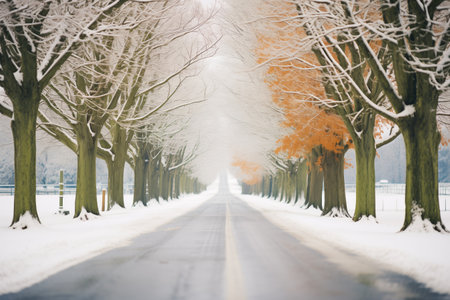 snowy road through tree-lined landscapeの素材