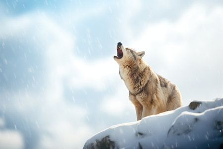 snow-covered wolf howling on ridge with cloudy skyの素材