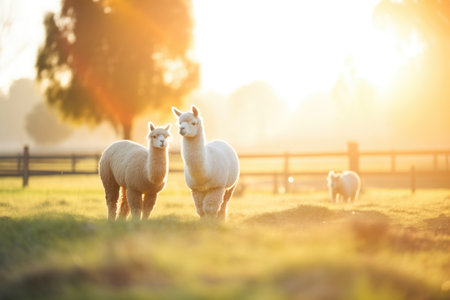 alpacas roaming in golden hour lightの素材