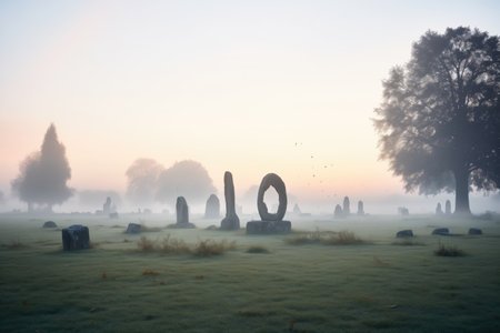 mist hovering over a stone circle at twilightの素材
