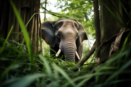 charging elephant in dense jungle foliageの素材