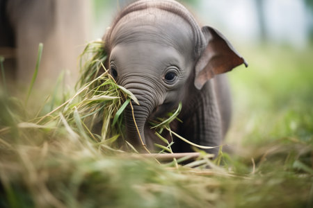 baby elephant playing with jungle foliageの素材