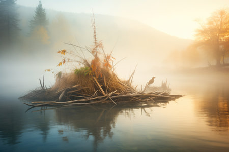 morning mist over a beaver lodgeの素材