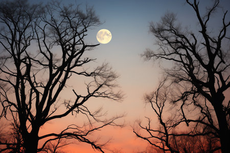 reddish moon in dark sky over silhouette of treesの素材