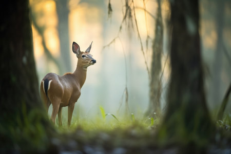 bushbuck silhouette at forest edge during duskの素材