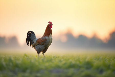 silhouette of rooster at dawn in a fieldの素材