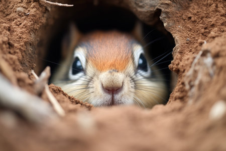chipmunks head poking out from full burrowの素材