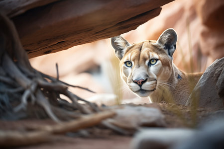 cougar hidden among desert rocks eyeing a lizardの素材
