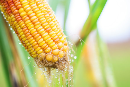 close-up of spider web with dew on corn leavesの素材