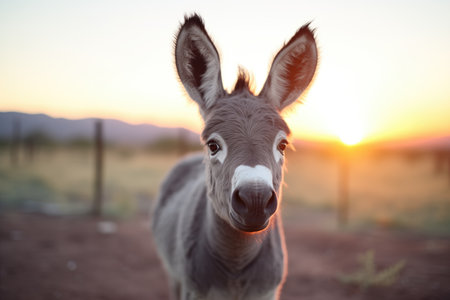 baby donkey with ears up at sunriseの素材